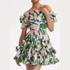 Grundläggande casual klänningar 2023 Fancy Dress Womens Floral Printed Garge Midje snedstreck Neck Puff Sleeve Fit flar mini droppleveranskläder Dhiljjj