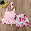 Set di abbigliamento 0-24 mesi Set di vestiti estivi per neonate senza maniche Bowknot con volant Top a vita alta Pantaloncini floreali Abiti da neonato