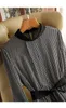 Robes décontractées Houndstooth Plaid Imprimer Vintage Lace Up Bow Demi-Col Haut Robe Femme Mode Coréenne À Manches Longues Mi-mollet Pour F35