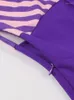 パーティードレストンバルブルーストライプパッチワークハイウエスト女性のためのラインサマードレス2024 Vネックシングル胸ビンテージ
