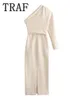 TRAF – robe longue asymétrique pour femmes, mode, asymétrique, épaule dénudée, manches mi-longues, élégante, Sexy, fête, 2024, 240320