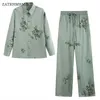 Zatrhmbm 2023 moda feminina camisa de cetim com lantejoulas e cordão calças de cintura alta conjunto chique juventude férias terno 240326