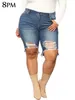 Zerrissene Denim-Shorts in Übergröße für Damen, Basic, hohe Taille, gelockt, schmal, dehnbar, Sommer, ouc1037 240322