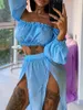 Work Dresses Ruffled Dress 2 Pieces Set Off Shoulder Long Sleeve Tube Top Slit Skirt Women Mesh Sheer Beach Cover Up V3728H