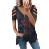 T-shirt da donna T-shirt elegante con stampa grande rosa T-shirt estiva da donna scava fuori splicing Top a maniche corte Moda allentata con scollo a V Cerniera T-shirt femminile