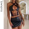 Work Dresses Ellolace Sexy Short Mini Skirts Sets For Women 2 Pieces Leather Outfit Lace Up Cross Bra Coquette Youthful In Matching
