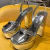 디자이너 플랫폼 발 뒤꿈치 샌들 샌들 여성 패션 새틴 특허 삼각형 버클 장식 13cm 하이힐 신발 로마 디자이너 샌들