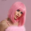 Synthetische pruiken NAMM Korte Rechte roze pruik voor vrouw Daily Party Cosplay Lolita Wig Natural Synthetic Bob Pruik met pony hittebestendige vezel Y240401