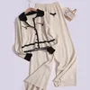 Kvinnors tvådelar byxor LAPEL Colorblocking Knit Cardigan Top bredbenad kostym kvinnlig vår och höstkoreansk temperament fritid tvådelar