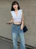 T-shirts Femmes 2024 Streetwear Sailor Col Y2K T-shirts esthétiques Stripe Vintage Plissé Crop Tops Sans Manches Slim Femmes Bandage Grunge