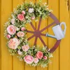 Decorative Flowers Farmhouse Wheel Wreaths Spring Welcome Wreath Watering Can Creative Artificial Floral Realistic