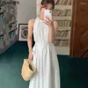 Casual Dresses Onalippa Solid Pleated Loose Vest Dress Off-shoulder O Neck Sleeveless Lace Up French Style A Line Back Button Vestidos