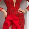 Party Dresses Sequins Paillette Women Prom Dress Deep V-Neck Ball Gown Elegant Red Long Sleeve Middle Waist Evening Arrival In Stock