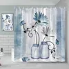 Tende da doccia Tenda floreale acquerello Farfalla in legno Margherita Fiore blu rustico Decorazione del bagno della fattoria vintage