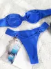 Women's Swimwear Blue Bandeau Bikini For Women Solid Swimsuit Sexy Thong Bikinis Set Brazilian Wire Bathing Suit Swim Beach Wear