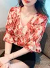 Женские блузки из шифона с цветочным принтом для женщин, летняя рубашка с коротким рукавом 2024, рубашка во французском стиле с v-образным вырезом, свободные топы Blusas, закрывающие живот
