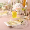 Ensemble de couverts en plastique doré, assiettes, 700 pièces, jetables, en vrac, à bord transparent, fournitures pour invités, vaisselle de fête de mariage et d'anniversaire