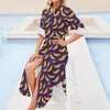 Casual Dresses Banana Print Dress Yellow Purple Stylish Sexy V Neck Cute Chiffon Long Sleeve Clothing Big Size