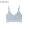 2024 Damen-Tanktops, gestreift, V-Ausschnitt, Rippstrick-Unterhemd, Fitnessstudio, Workout, Yoga, Damen, nahtloser, kabelloser BH mit weicher Polsterung, doppelte Träger-Camisole