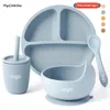 Poplittleone tigelas personalizadas para bebês, pratos, colheres, copo de silicone, conjunto de panelas para alimentação de nascidos, utensílios de mesa para crianças 240322