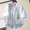 Blouses Femmes Mode Femmes Rétro Broderie Fleurs Motif Chemise Tops Col Montant Boutons Col V Demi Placket Manches 3/4 Lâche