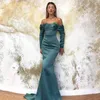 Eleganckie satynowe sukienki wieczorne syreny 2024 Arabski Aso Ebi z ramion Formal Party Sukienka z długim rękawem Ruche Simle Prom Sukienki Specjalna okazja