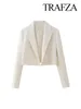 Work Dresses TRAFZA Elegant Solid Beige Cropped Blazer For Women 2024 Spring Long Sleeves Causal Pocket Decoration Female Versatile Coats