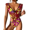 Kvinnors badkläder Polynesiska tryckstödet Back Cut One-Piece Swimsuit Lotus Leaf Deep V Necklinje Elegant 2024 Lårhög sexig bikini