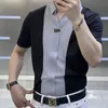 ビジネスオフィスカジュアルメンズポロネックスリムシャツトレンド韓国のオールマッチパッチワーク半袖シャツ夏の男性服240325