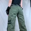 Dżinsowe dżinsy Combhasaki Kobiety jesienne spodnie towarowe punkowe lungowe vintage spodni kawaii nisk-pucha zamek błyskawiczny swobodne breski na zielony