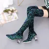 Boots Brand Design Sexy Sequined Round Head Contrasting Color Elastic Thin Punk Style Knee Large Size High Heel Catwalk