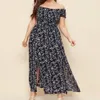 النساء الصيف بالإضافة إلى الحجم فستان ملفوف على الأكمام قصيرة انقسام تنحنح متدفق قبالة الكتف طباعة Maxi Boho Streetwear 240319