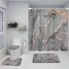 Ensemble de rideau de douche en marbre abstrait, lignes dorées, motif gris noir, décor de salle de bain de luxe moderne, tapis antidérapant, couvercle d'abattant de toilette 240328