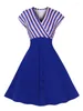 Partykleider Tonval Blau Gestreiftes Patchwork Hohe Taille A-Linie Sommerkleid für Frauen 2024 V-Ausschnitt Einreiher Vintage