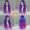 Synthetic Wigs NAMM Lace Front Wig Synthetic Dream Blue Purple Highlights Long Wavy Wig for Women Natural Looking Lace Mid Split Wig Y240401