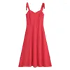 Casual Dresses French Red Holiday Party Sling Summer Dress for Women bow Axel A-line Slim Midi Chiffon