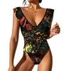 Kvinnors badkläder Polynesiska tryckstödet Back Cut One-Piece Swimsuit Lotus Leaf Deep V Necklinje Elegant 2024 Lårhög sexig bikini