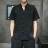 Chemises décontractées pour hommes Plus Style chinois Taille Chemise en lin Été Tang Costume Tai Chi Noir Manches courtes Ethnique Vintage Top Hommes Vêtements Dro Otqny