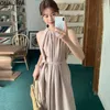 Casual Dresses Onalippa Solid Pleated Loose Vest Dress Off-shoulder O Neck Sleeveless Lace Up French Style A Line Back Button Vestidos