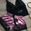 Sexy Pyjamas Women Pajamas Set Sexy Satin Lace Sleepwear Lingerie Ladies Elastic Suspender Shorts Nightwear Suits Sleeveless Underwear Tops 2404101