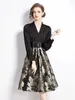 Casual Dresses Elegant Office Lady Dress Chic Design Jacquard Floral V-ringkvinna Formell med Belt Vestido Negro