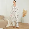 Conjunto de pijama feminino de 2 peças, roupas para casa, manga comprida, lapela, botão, camisa, calça com estampa de vidro de vinho, conjuntos de roupa de dormir