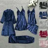 Женский атласный шелковый пижамный комплект из 5 предметов, халат, ночная рубашка, шорты, брюки, одежда для сна, женская сексуальная свадебная ночная рубашка, домашняя одежда, ночная рубашка 240321