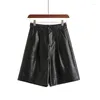 Kvinnors byxor xibusana 2024 Autumn Winter Black Buttons Pu Leather Shorts Women Elastic High midja Löst fem poäng Kvinna