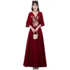 Ethnic Clothing Burgundy Qipao Chinese Style Toasting Attire Dresses Women Deep V-Neck Cheongsam Embroider Flower Vestidos Flare Sleeve
