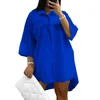 Plus storlek 5xl Women Shirt Dress Solid Color Turndown Collar Summer Mini Lady Loose Loose Irregular Beach Vestidos 240319