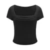 Women's T Shirts 2024 Summer Ruched Croped Tops Solid Color Short Sleeve Square Neck Slim Show Navel T-shirt