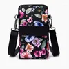 Bolsa de ombro feminina, bolsa para celular, estampa floral, nylon, mini bolsa carteiro, armazenamento esportivo, carteiras de três camadas, braço, moeda