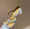 패션 디자이너 브랜드 Aquazzura Womens Sandals Trouble Maker Sandal Chunky Heels 바인드 파티 웨딩 드레스 신발 힐 끈 가죽 단독 샌들 박스 35-43
