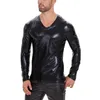 Bras Sets 7XL Plus Size Mens Shiny Patent Leather Shirts High Elastic Long Sleeve Soft V-neck Tees Male Casual Streetwear T-shirts